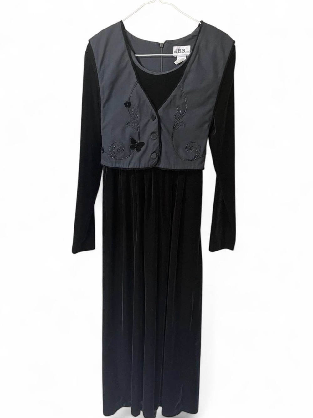 Vintage J.B.S Black Long Sleeve Velvet Maxi Dress W/ Charcoal Embroidered Bolero